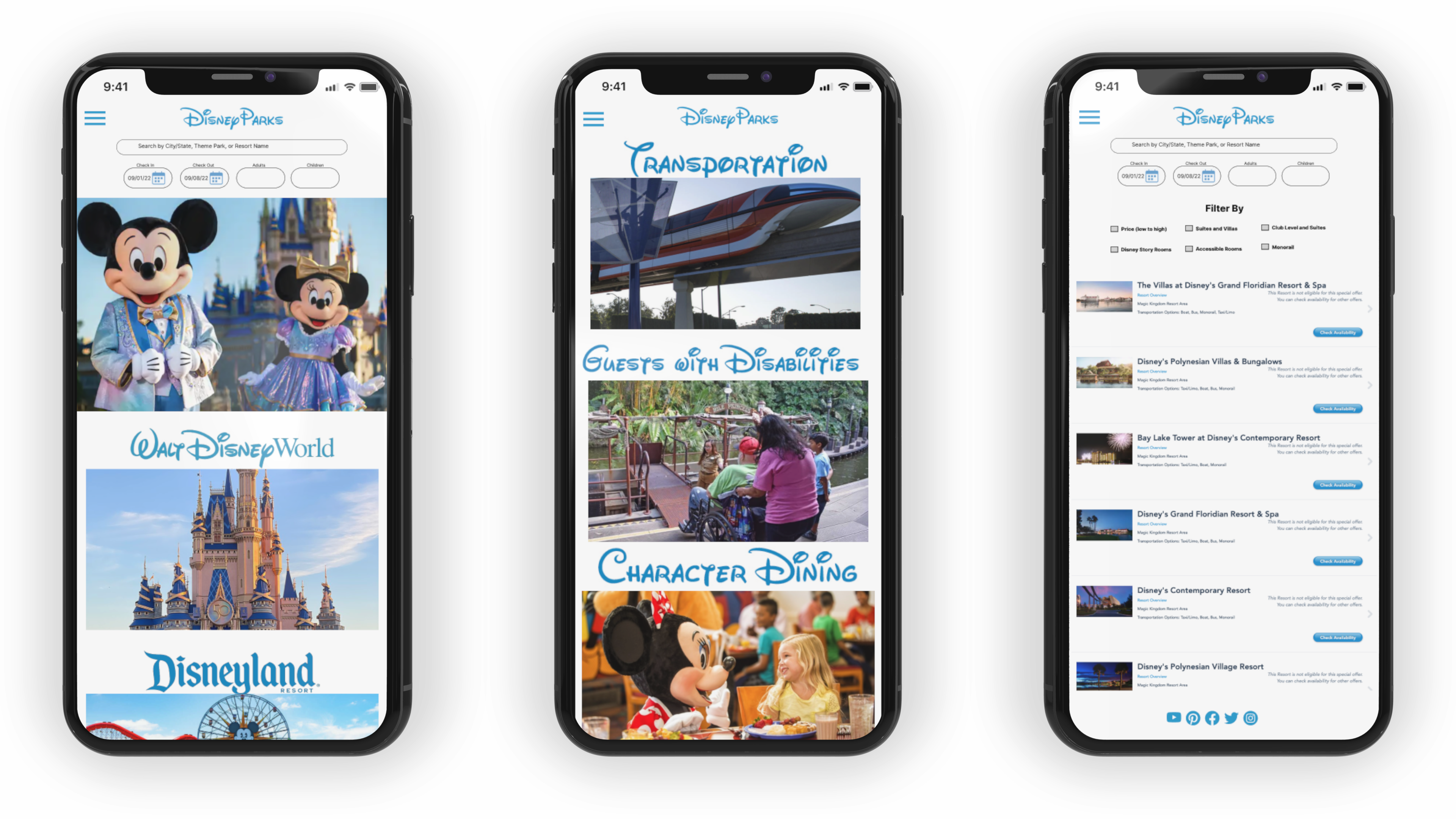 Disny Parks mockup on 3 iphones side by side