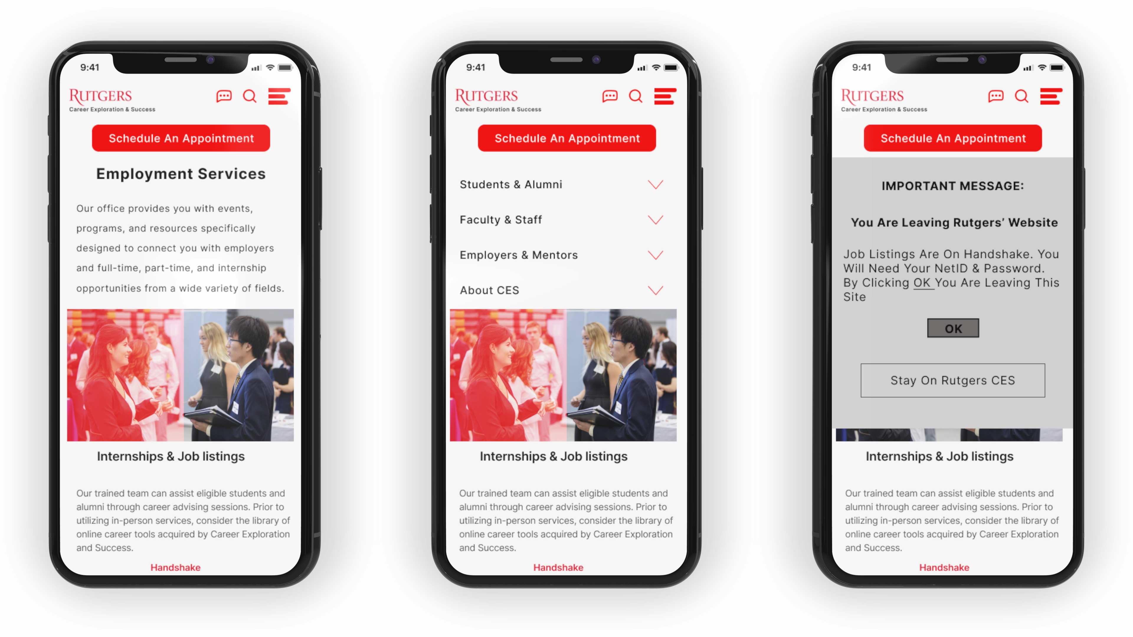 image of mobile version of Rutgers CES website whos the employement assitance page, the drop down menu (expanded hamburger menu on the second page, and an error prevention message on thrid page letting users know that they are leaving Rutgers' webste.
