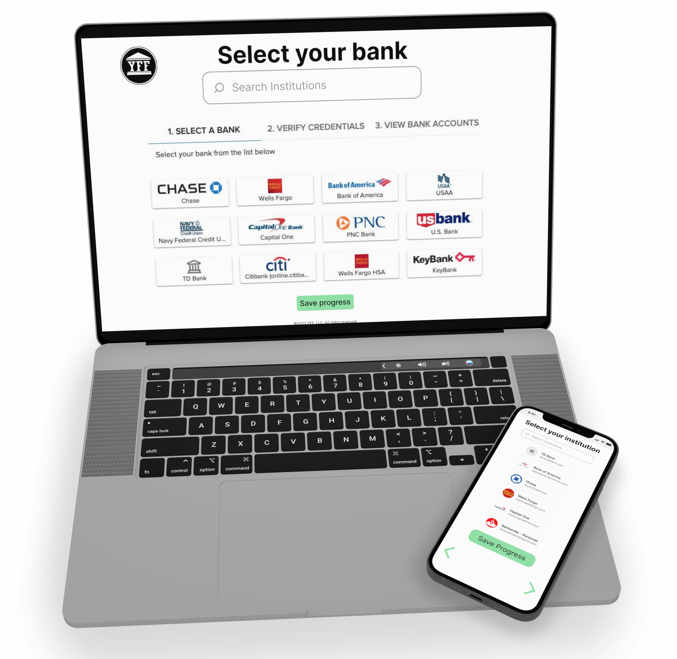 Bank selection screen mockup displayed on a MacBook and iPhone.