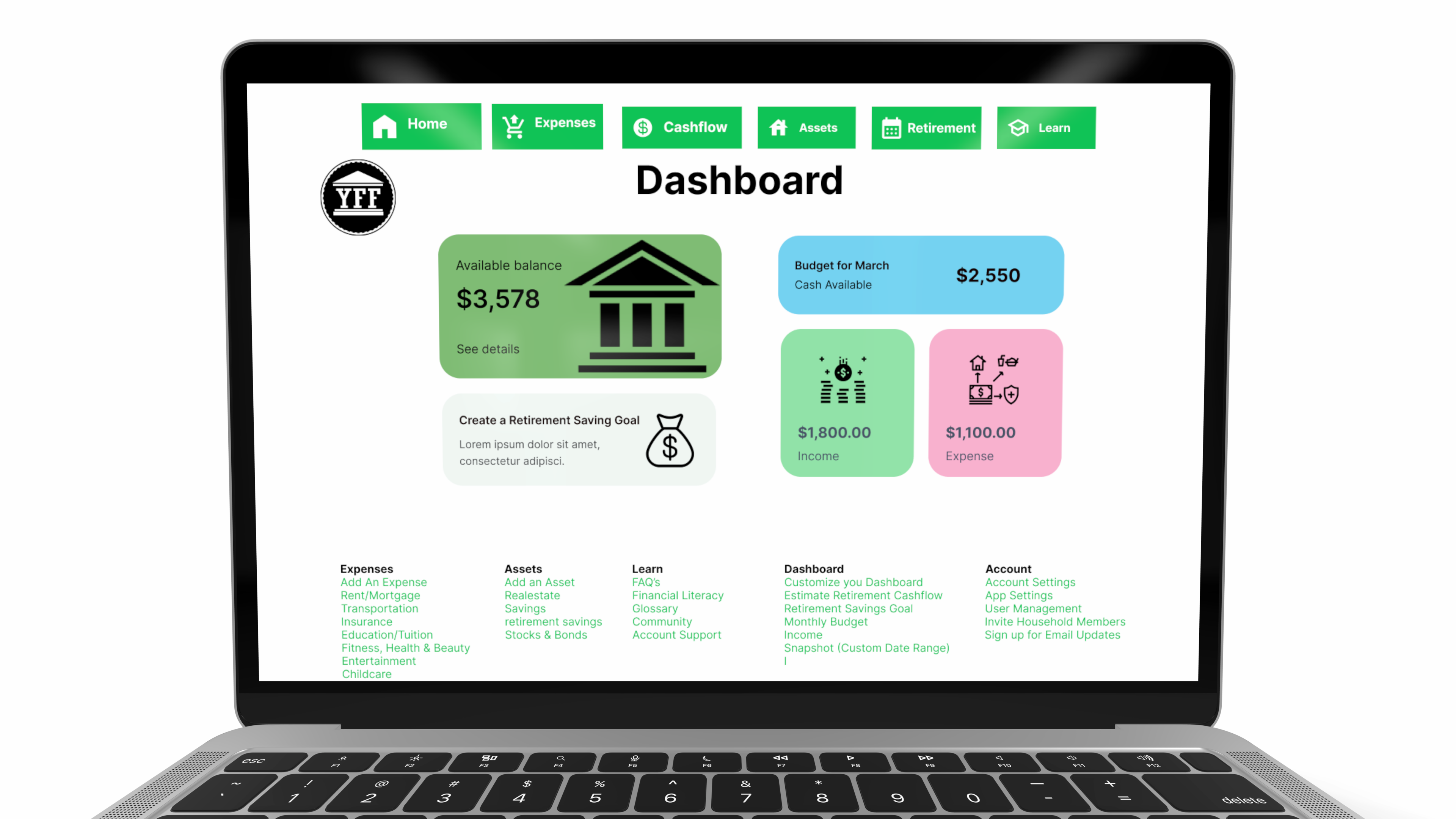 mockup of the dashboard screen displayed on a MacBook